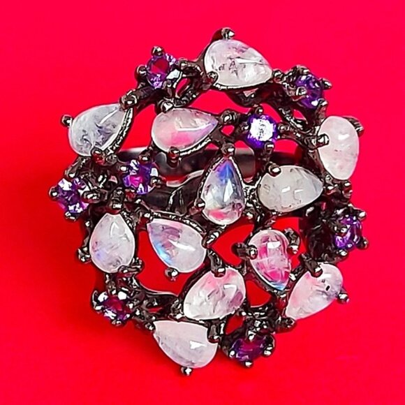 Natural Moonstone & Amethyst 925 Sterling Silver Ring‎ Sz 7 - Picture 1 of 8